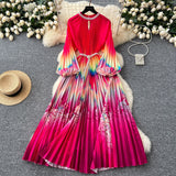 High-End Elegant Dress Women Fashion Nail Ball Collar Hollow Pressure Folding Lantern Sleeves To Print Long Skirt