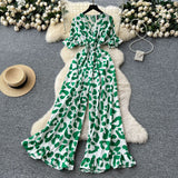 Summer Dress Holiday Wear Chic Light Leisure V Collar Short Sleeves Tight Waist High Waist Thin Leg Print Jump Trousers