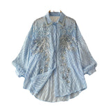 Ocean Gas Age Reduction Shirt Female French Heavy Industry Shiny Embroidery Diamond Set High-End Lantern Sleeve Thin Top Tide