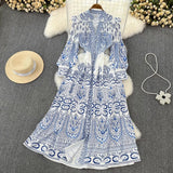 Spring And Autumn Retro Court Style Lotus Leaf Side V-Neck Single Buckle Lantern Sleeves To Close The Waist A Word Print Dress Woman