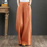 Pure Linen Large-Size Broad Leg Trousers Women's Rope Loose Waist Cotton Spring And Summer Women's Trousers Loose Cotton Thighs Summer