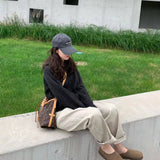 French Gentle Wind Black Zipper Sweater Autumn And Winter New Small Broad Leg Pants Two Sets