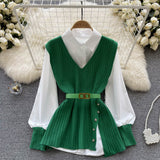 Two Sets + V Cooked Two Autumn Dress New Loose Wind Collar Knitted Tagonal Knitting Set Shirt Collar