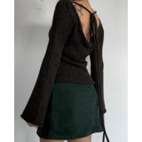 Spring And Summer 2025 New Women's Temperamental Horn Sleeve Knitted Top With Sexy Bare Back Sweater