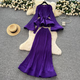 Oceanish Fashion Strap To The Waist Horn Sleeve Lotus Loaf Under The Pendulum Folding Folding Top + High-Waisted Fish Tail Half-Body Dress