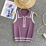 Minimalist Style Striped Knitted Sleeveless Vest Women's Summer Collar Slimming Design Chic Beautiful Little Man Top