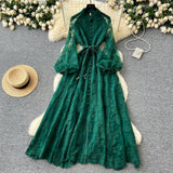 Elegant Stand-Up Single Buckle Heavy Industry Hook Flower Embroidery Lantern Sleeve With A Long Dress With A Big Swing