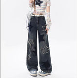 Dopamine Girl Wears Embroidered Straight Jeans Female Autumn Vintage High-Waisted Star Broad-Legged Pink Pants