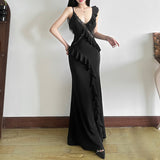 2025 Summer New Women's Style Of French Temperament V Collar Bare Back Leaves Lace Splicing Slinging Dress