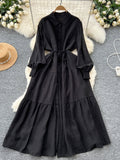 Vintage Fashion Casual Long-Sleeved Shirt Dress Women Loose Tidive With Long Skirt 0515