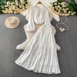 Gentle Style Pink Three-Dimensional Flower Collar Lantern Sleeve Shirt Lady Autumn High-Rise Dress Set