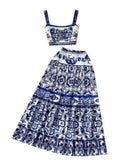 Wind Blue And White Porcelain Printing Set Women's Summer Pure Desire To Bare Belt Slings Small Vest + High Waist Mid-Long Skirt