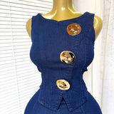 Temperament Design Sense Metal Buckle Round-Neck Sleeveless Vest + High-Waist Broad-Legged Trousers Denim Set Of Women