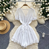 Women's Seaside Beach Pants Summer Dress New V-Neck Bubble Sleeves With Broad Legs Shorts