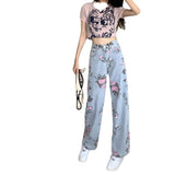 Spring And Autumn Sweet And Spicy Girl Rose Print Jeans Women Design High Waist Straight Trousers Hanging Broad Leg Trousers