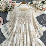Yunnan Dali Tourism Holiday Dress Women New Gentle Wind Tied V Tie Horn Sleeve Hollow Knitting Short