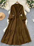Vintage Fashion Casual Long-Sleeved Shirt Dress Women Loose Tidive With Long Skirt 0515