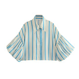 Multi-Color Short Top 2025 Spring New Five-Point Sleeve Bubble Bubble Sleeve Loose Stripe Small Shirt