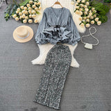 Fashion Suit Female Temperament Lantern Long Sleeve V Collar Lotus Leaf Swing Bright Shirt Female High-Waist Lysic Half Skirt