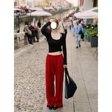 Zhao Luth's Same Red Tight-Fitting Broad-Legged Casual Pants Woman In The Fall Of The Retro Loose Straight Trousers