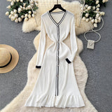 High-Level Small-Sized Famous Woman Hit The Color V-Neck Long Sleeve Single Buckle Waist Knitted Dress Women With Fish Tail