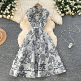 2025 New Women's High-End Elegant Dress Women's Collar Sleeveless Single Buckle Ink Painting