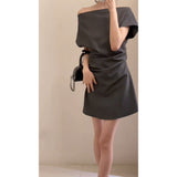 Grey High-End Sense Word-Collar Short-Sleeved Dress Woman 2025 Summer Temperament Set Niche Waist A Word Skirt