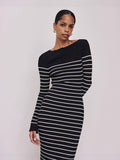 Autumn And Winter New Women's Fashion Elegant Round-Neck Dress Striped Dress Long Dress