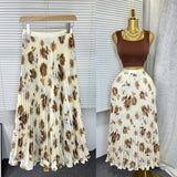 New Tight Waist High Waist Crums Sweet A-Shaped Skirt Women's Long Print 100-Fold Skirt