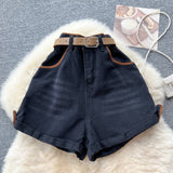 Belt And Waist Cowboy Broad-Legged Shorts Women Retro Niche High-Rise Thin Casual Hot Trousers