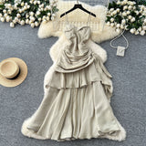 French Goddess Fan Design Sense Square Neck Sling Sling Sling Folds To The Waist Lotus Leaf Dress Girl Dress Dress