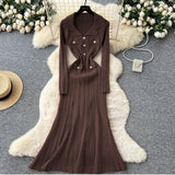 Small Fragrant Elegant Collar Long Sleeve Metal Buckle Waist Knitted Dress Autumn Thin Long Dress
