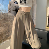 Black New Chinese Style Suit Pants Women Spring And Autumn Small High-Waist Hanging Straight Casual Narrow Version Of Broad Leg Pants