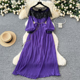 Autumn Retro Court Style Heavyweight Embroidered Long Hundred Folds Bubble Bubble Sleeve Dress Female 100 Folds
