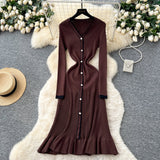 High-Level Small-Sized Famous Woman Hit The Color V-Neck Long Sleeve Single Buckle Waist Knitted Dress Women With Fish Tail