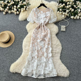 French High-End Elegant Heavy Industry Flower Embroidery Round Collar Lantern Sleeves To Close The Waist Slim Slimmed Fishtail Dress Dress