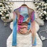 Spice Girls Tie-Dye Mesh Jersey Long-Sleeved T-Shirt Girl Thin Perspective Temperament Fashion Folding Top