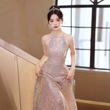 Pink Lysung Dress Dress Dress 2025 New Toaster Light Luxury Niche Conference Host Banquet Evening Dress