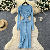 French Small Fragrant Style High-Level Sense V-Neck Metal Buckle Waist Knitted Dress Women Autumn Body Fork Long Dress
