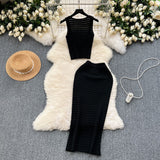 Hong Kong Style Retro Hottie Suit Women's Summer Short Vest Top With High Waist Half Skirt Knit Two Sets