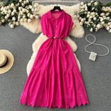 Small Design Buckle Loose Collar With Long Dress Women Summer Waist 100 Folded Shirt Collar Splicing Long Dress