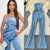 Spring And Summer Ins Heavy Industry Three-Dimensional Flowers Sleeveless Breasts To Close The Waist Of The Denim Jump Trousers Trousers Trousers Woman