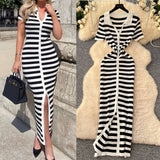 Korean Chic Vintage Collar Single Buckle Began Striped Knitted Dress Female Thin Dress