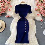 Korean Version Of The Solid Color Collar Buckle Body Short Sleeve Elastic Knitted Forked And Left-Sleeved Dress 0022