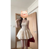 Age-Reduced Lazy Temperament Red Knitted Cardigan French Wave Dot Square Slings To Collect Waist Thin A Word Skirt