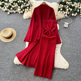 Extremely Simple Style Solid Knitted Light Sister Suit Girl Winter Body-Clamping T-Shirt Dress With Long Open Shirt Jacket