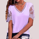 2025 Women's T-Shirt Burst Lace Splicing Loose V-Neck Short-Sleeved T-Shirt