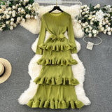 High-End Banquet Dress High-End Light Luxury Niche Leaf-Side Cake Dress Heavy Industry Folds Long Dress