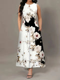 Spring And Summer Explosion Print Slings Large-Size Dress Flower Pocket Necking A-Character Dress Women's Clothing