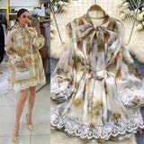Spring Dress Women's Neckline Bow Tie With Lantern Sleeve Lace Splicing Bright Face Chiffon Skirt Skirt Skirt